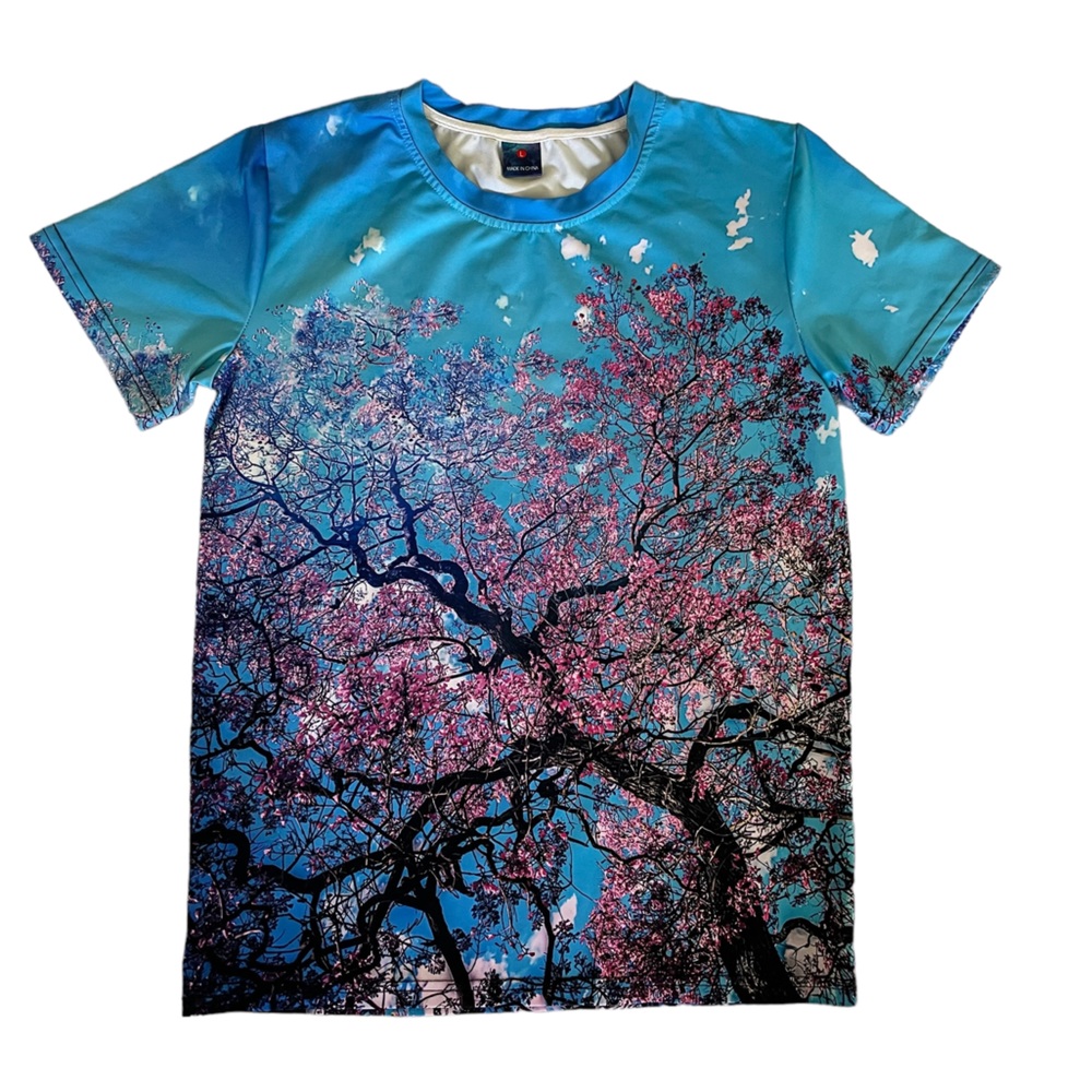 Kids Short-Sleeve T-Shirt with Blooming Tree Pink/Blue Pattern, Size L